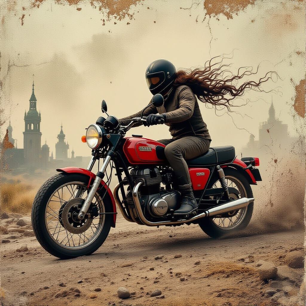 Biomechanical Rider in Dystopian Encaustic Abstraction