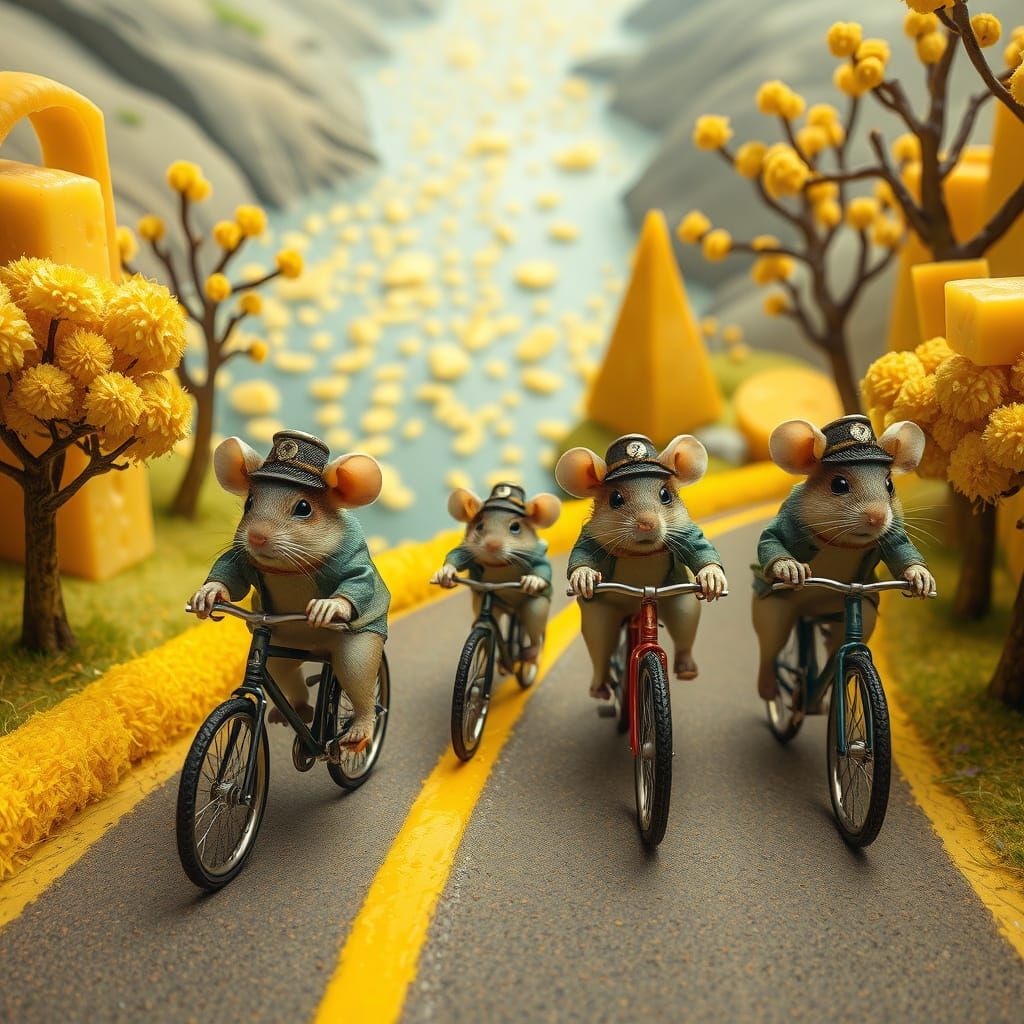 Mice Ride Cheese Bicycles on Cheese Road