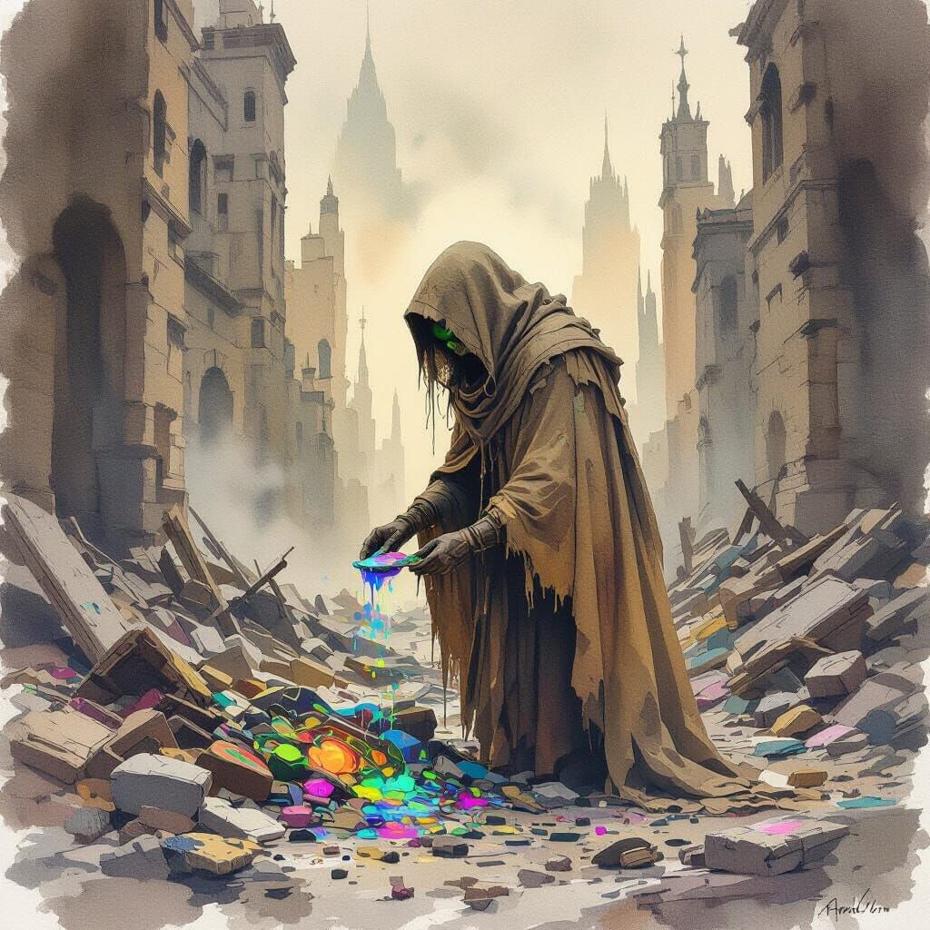 Figure Sifts Through Forgotten City Ruins in Watercolor Styl...