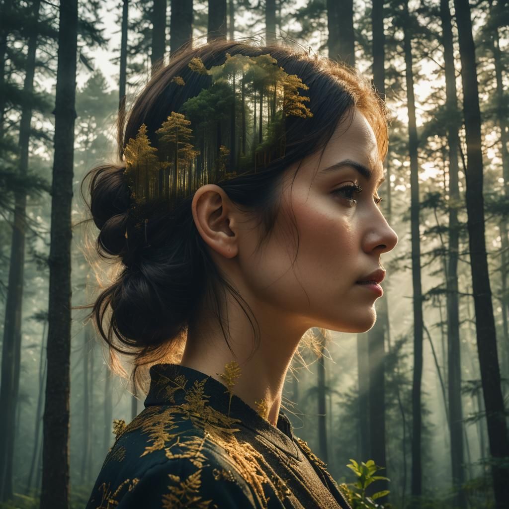 Double Exposure Portrait of Woman with Forest