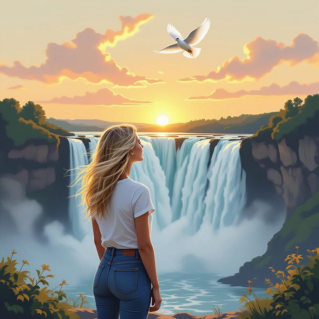 Woman at Sunrise Waterfall, Blonde Hair Blowing in Breeze
