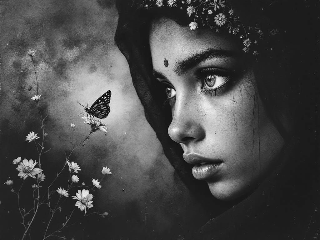 Moroccan Girl and Butterfly: Black and White Lithograph
