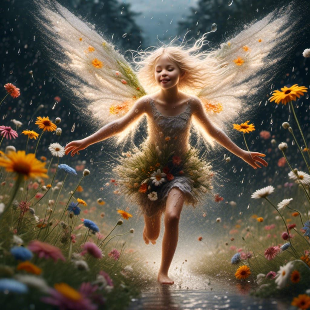 Fairy With Torn Wing in Rainy Forest
