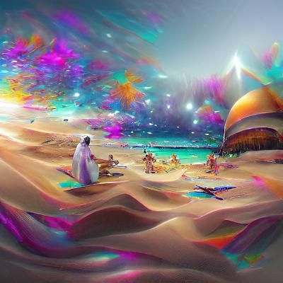Cosmic Arabian Beach Illustration in Mixed Media