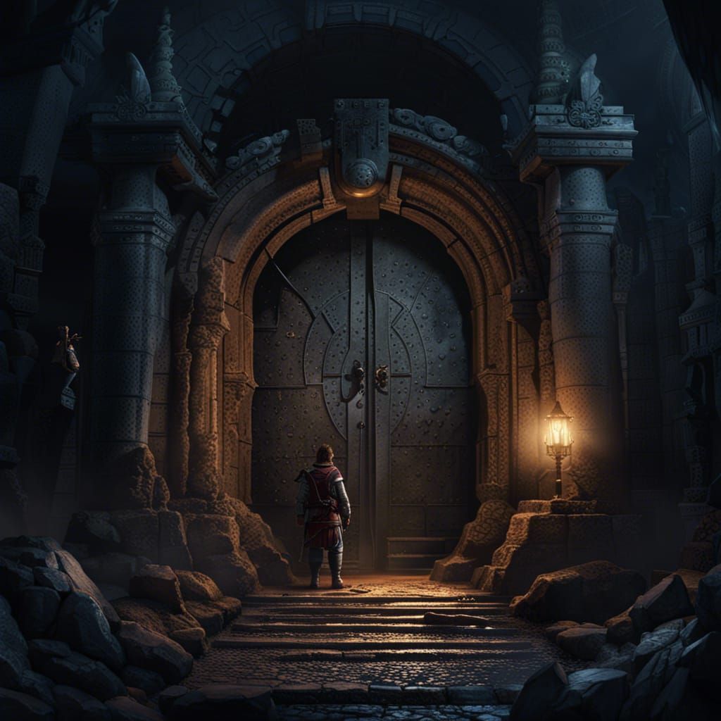 Adventurers at Vault Entrance: Dark Fantasy Concept Art