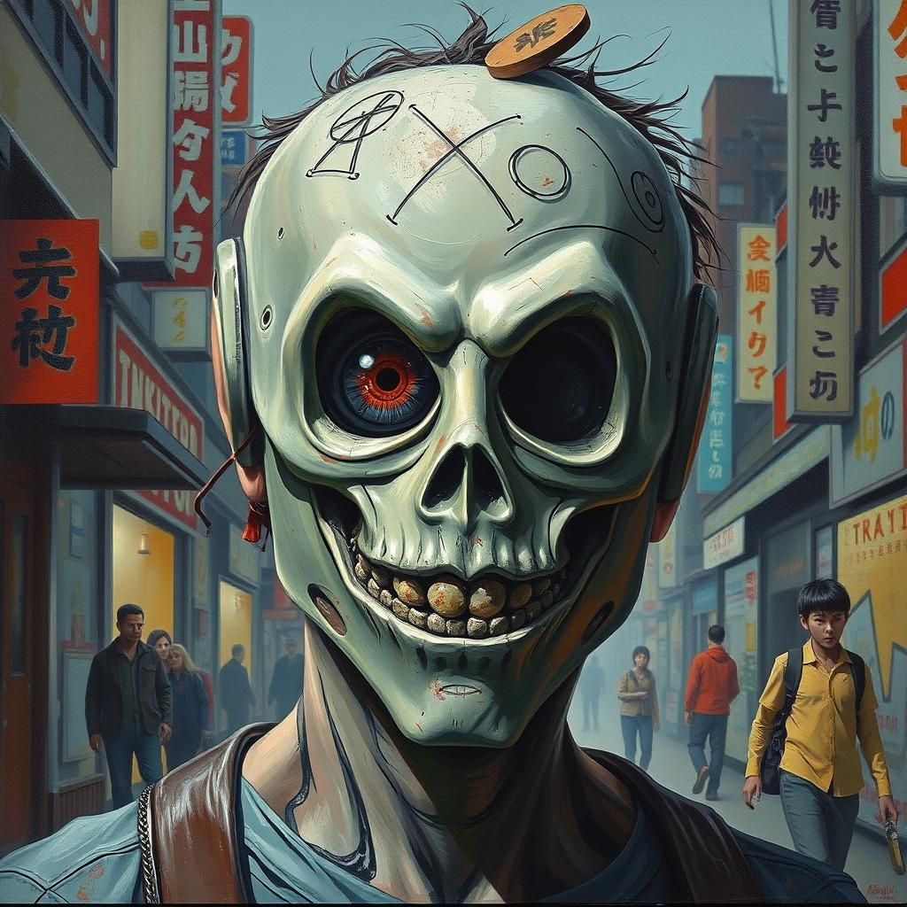 Creepy Masked Figure in Cyberpunk Tokyo Art