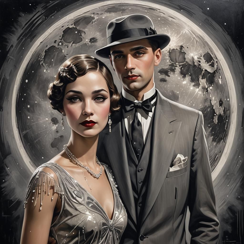 Elegant 1920s Couple Under Moonlight in 3D