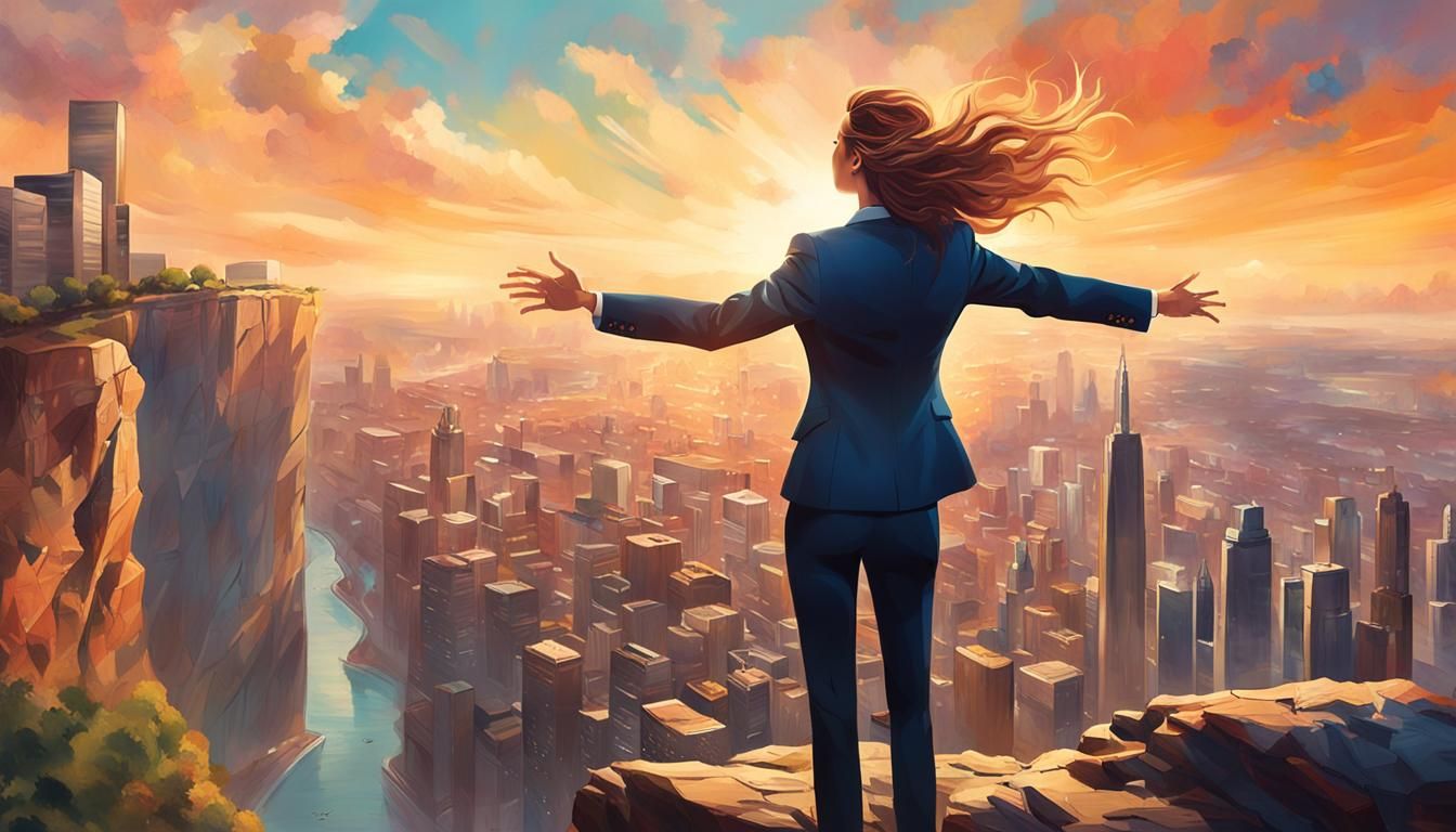 Woman on Cliffside Spreading Wings, Hyperrealistic Art