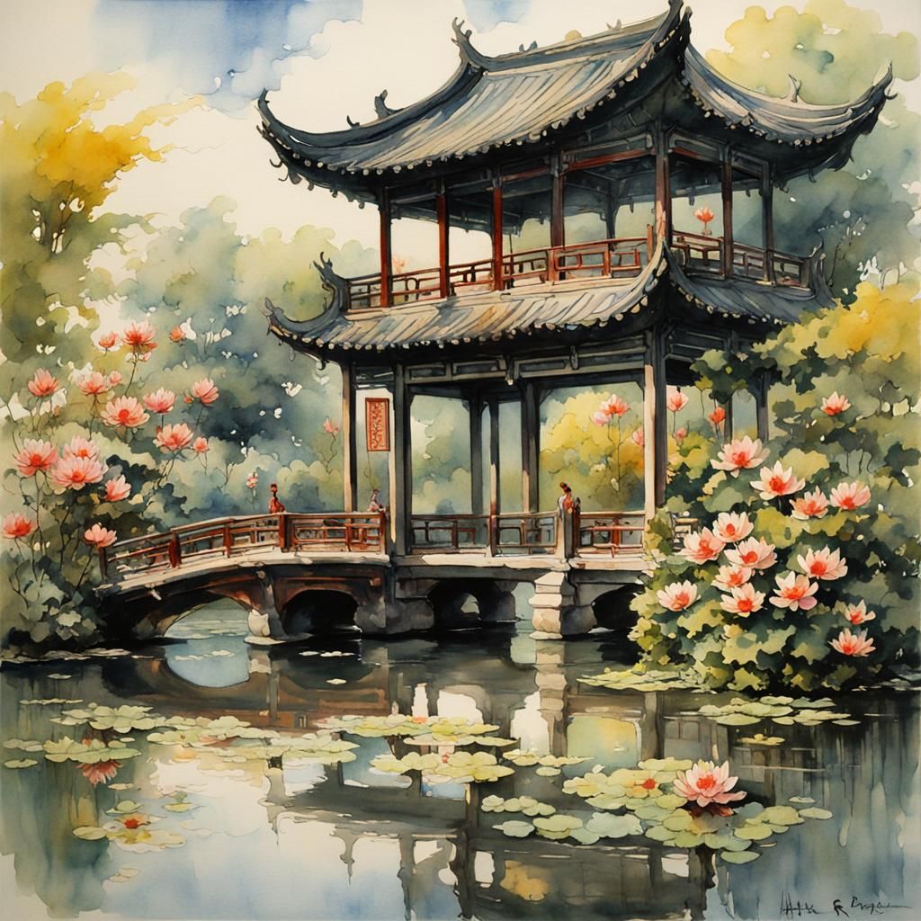Chinese Pavilion with Lotus Pond: Watercolor Painting