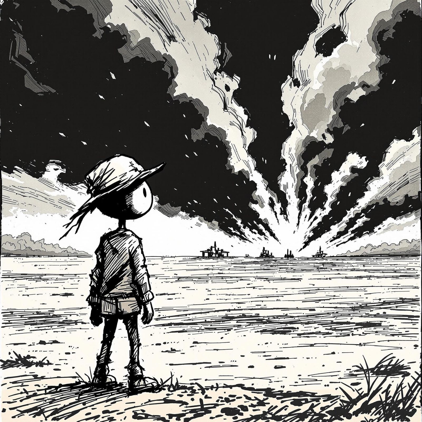 Distressed Stick Figure Witnessing Bombing, Expressive Drawi...