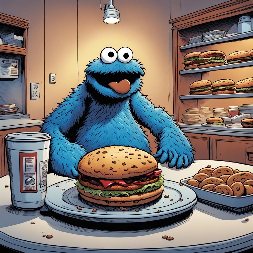 Cookie Monster Confused by Hamburger, Comic Book Art