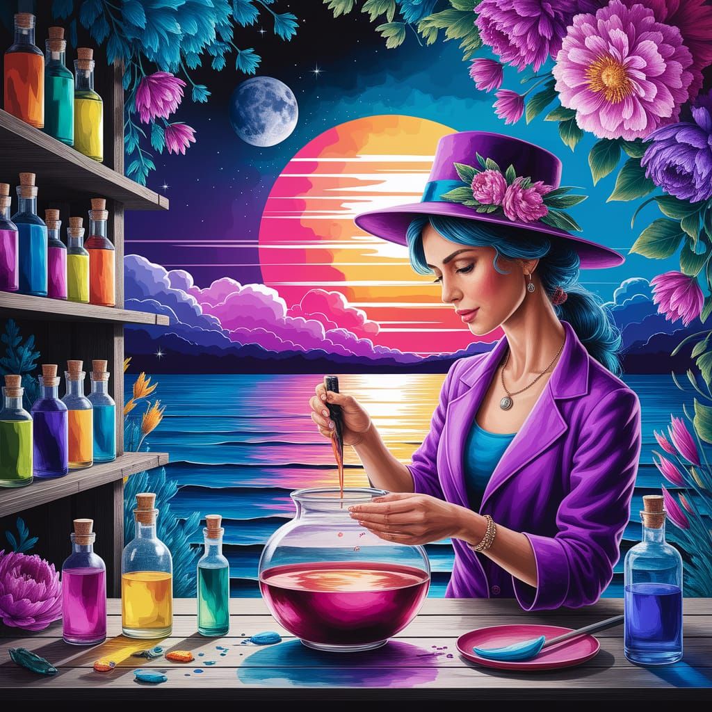Botanical Alchemist Brewing Potion in Vivid Sunset Garden