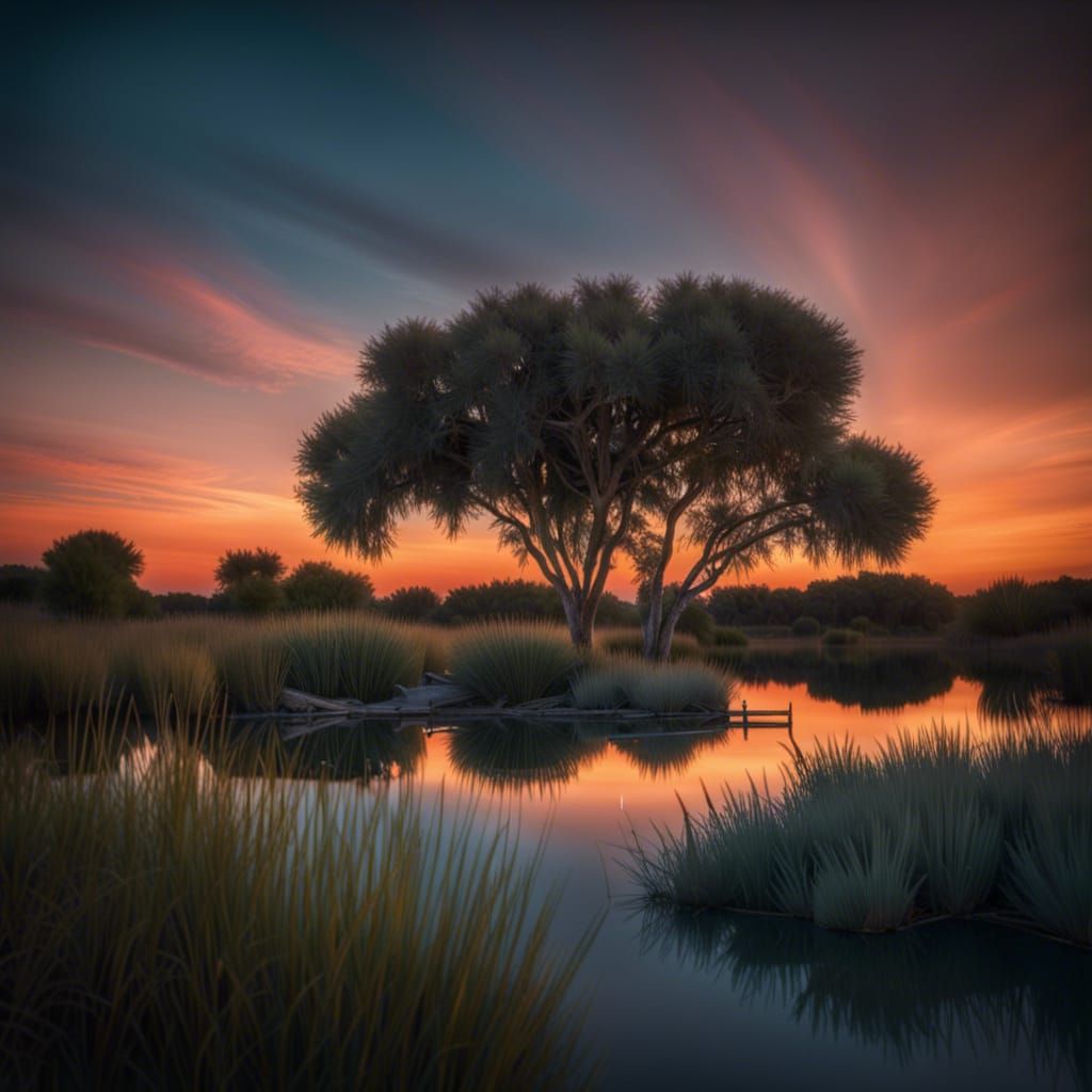 Pastel Sunset Over Pond: Photorealistic Photography