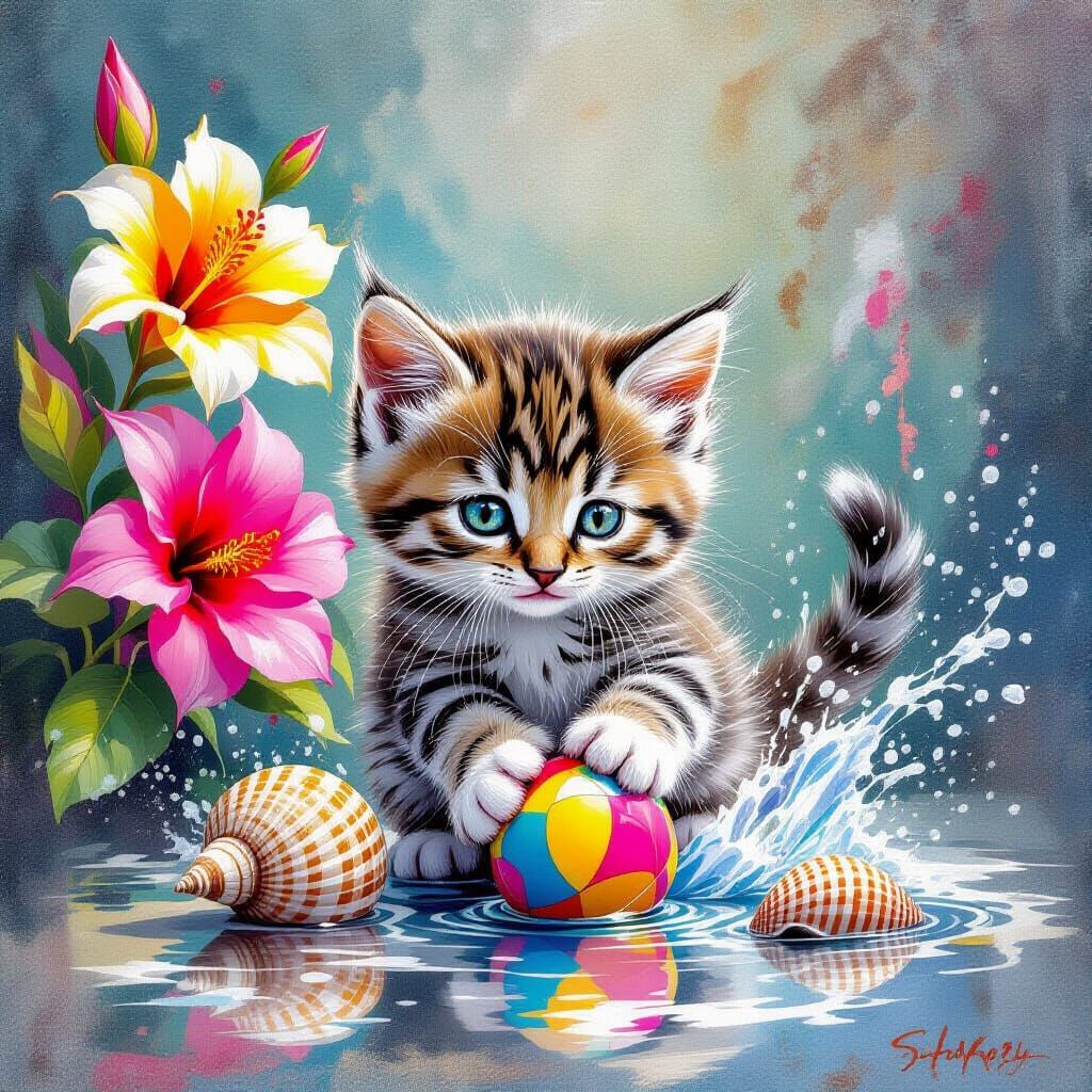 Kitten Plays with Seashells in Gouache Illustration