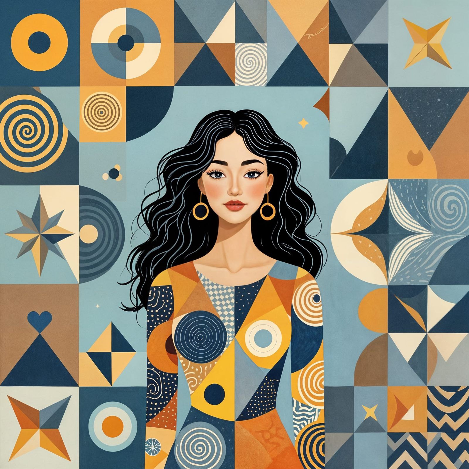 Abstract Shapes With Woman in Ink Style