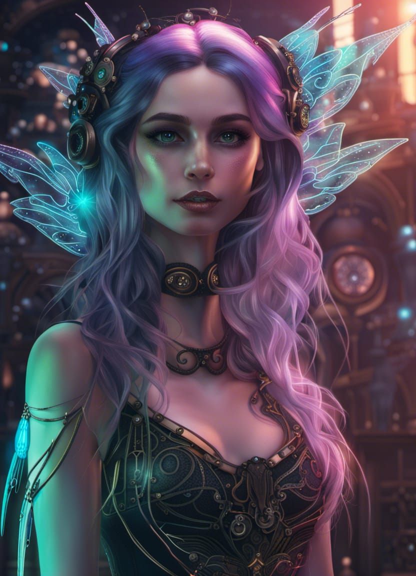 Bioluminescent Elf Fairy in Steampunk Dress