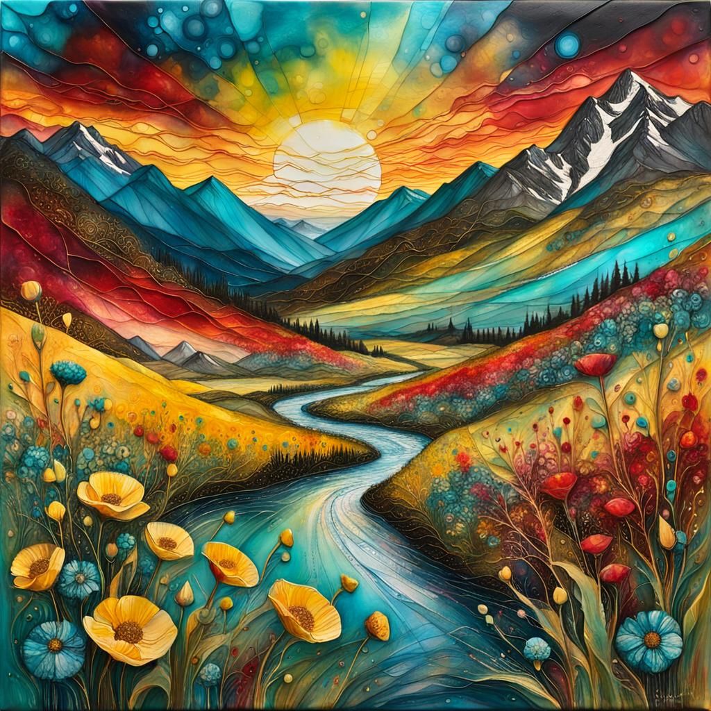 Encaustic Spring Landscape Inspired by Klimt