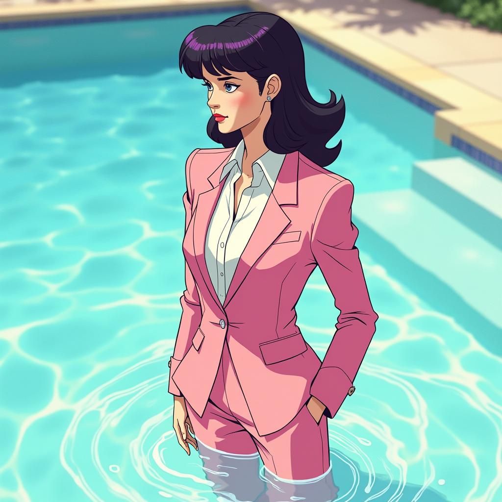 Businesswoman in Pool: 80s Anime Style