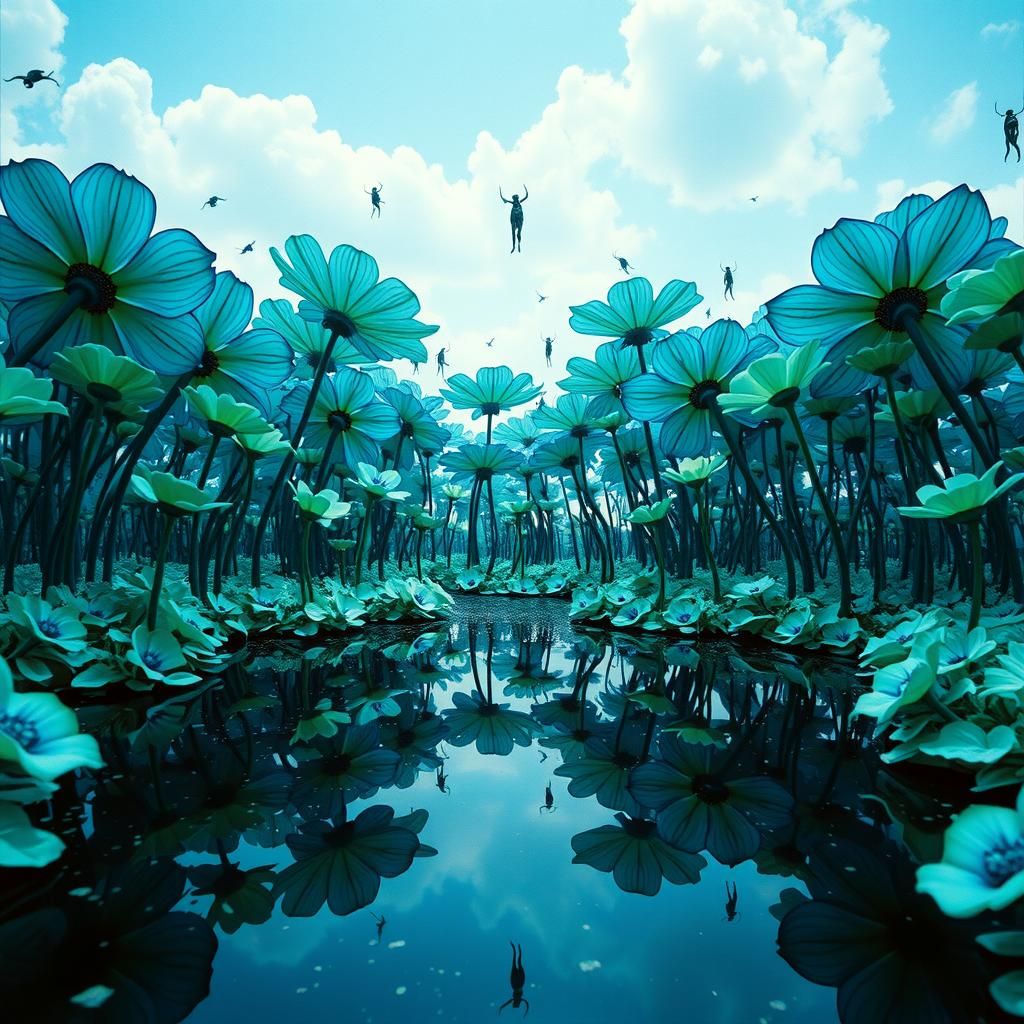 Surreal Gravity-Defying Garden with Fractal Flowers