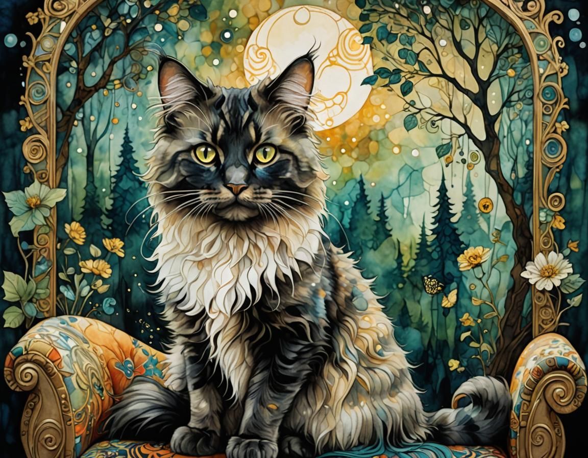 Surreal Cat on Klimt Sofa in Alcohol Ink Style