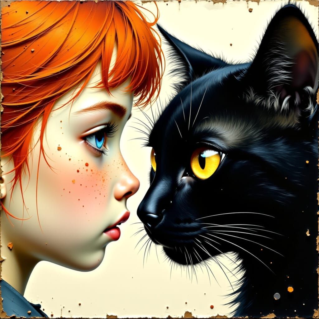 Girl and Cat Nose-to-Nose as Impasto Oil Painting