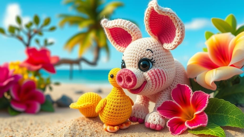 Gilded Crochet Piglet in Vibrant Rainforest