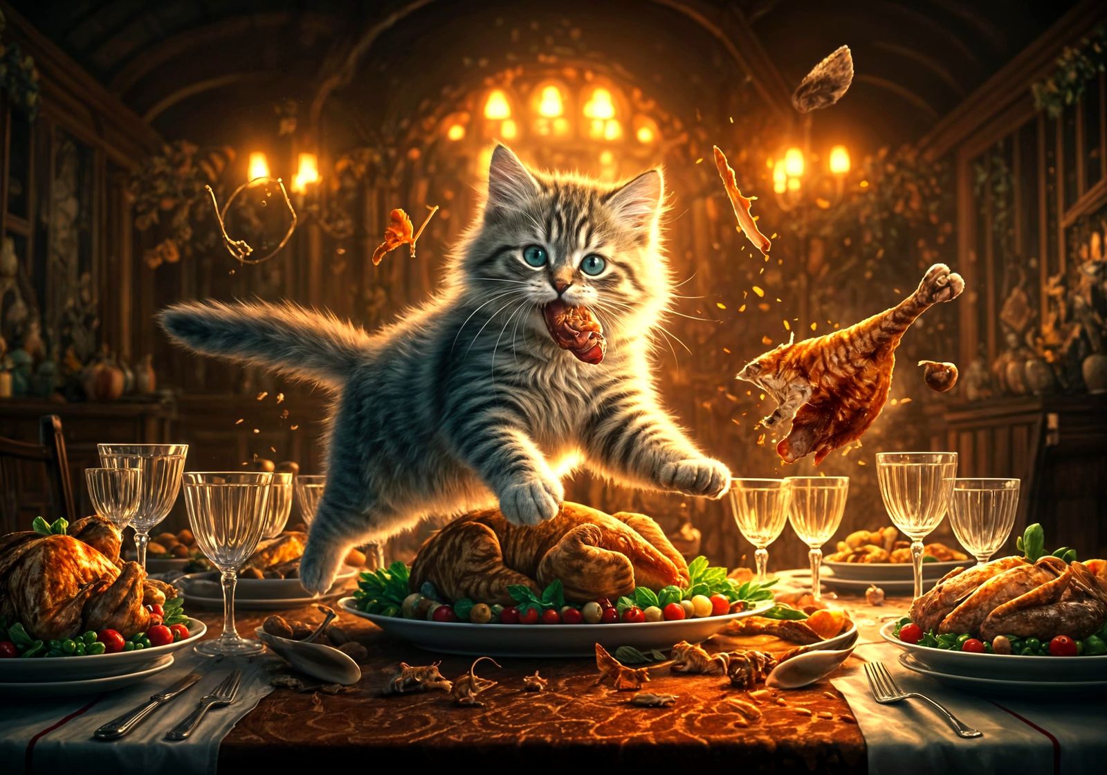 Kitten Steals Thanksgiving Turkey Leg: Oil Painting