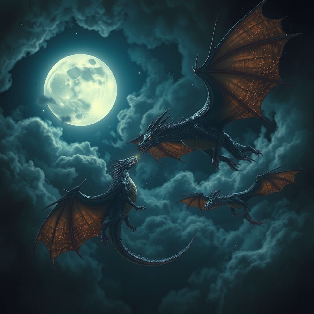 Realistic Dragons Soar Through a Whirlwind Night Sky