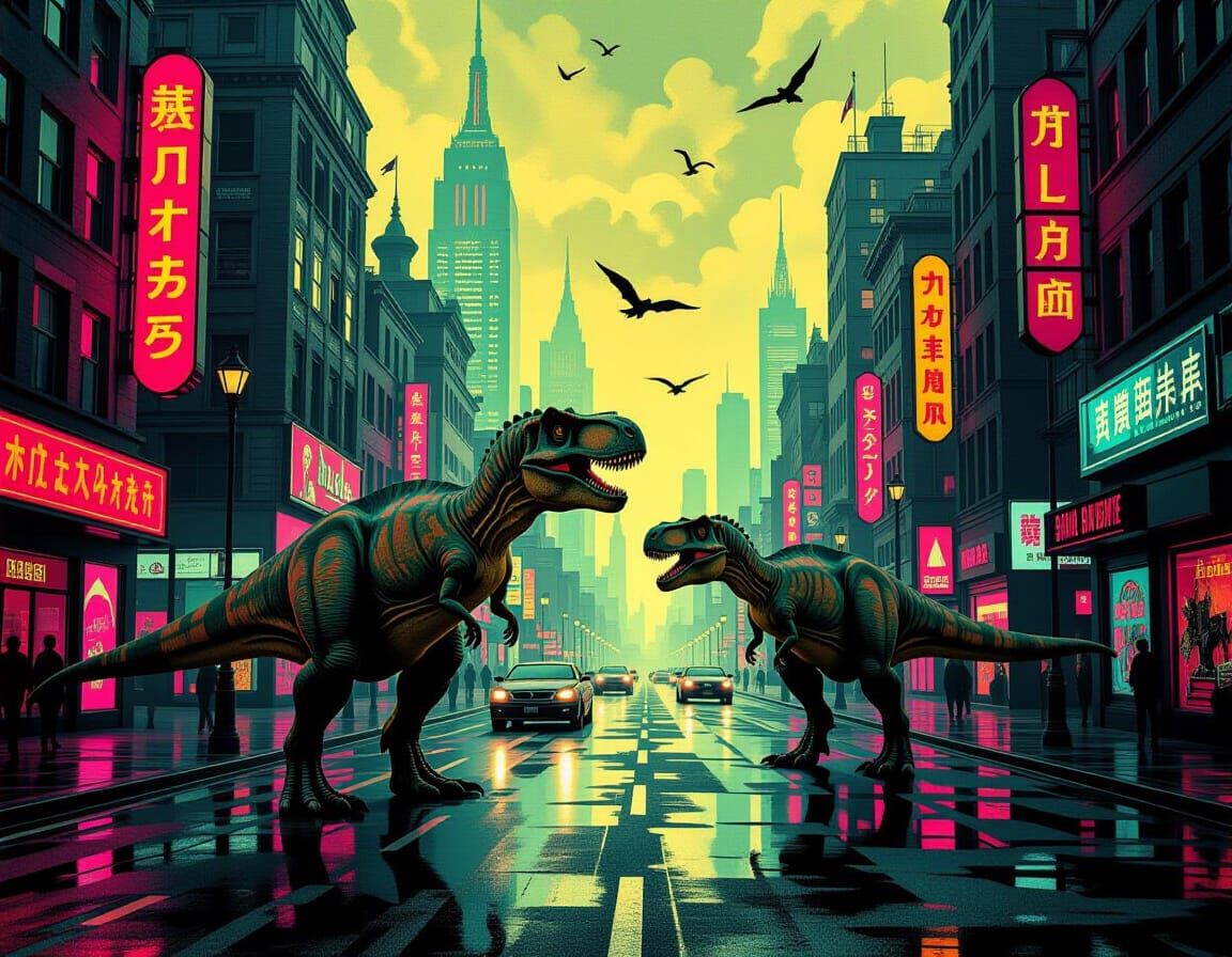 Dinosaurs in Synthwave City: Surreal Oil Painting