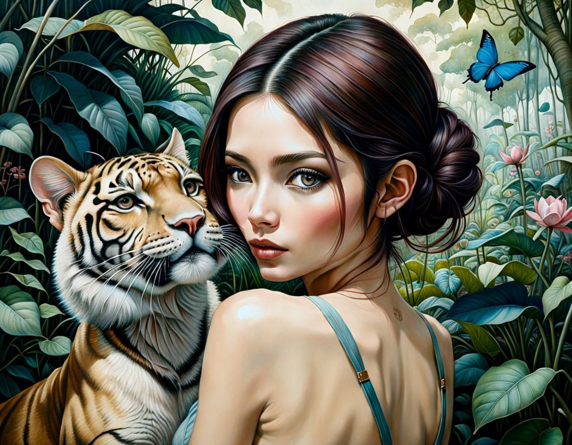 Thai Beauty with Tiger Cub, Hyperdetailed Painting