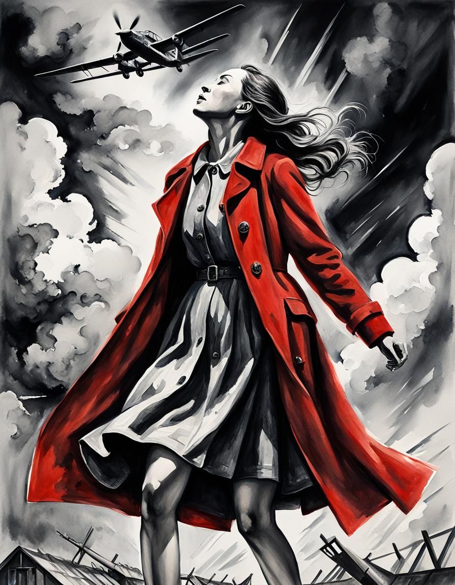 Crying Girl in WWII, Watercolor Gouache Style