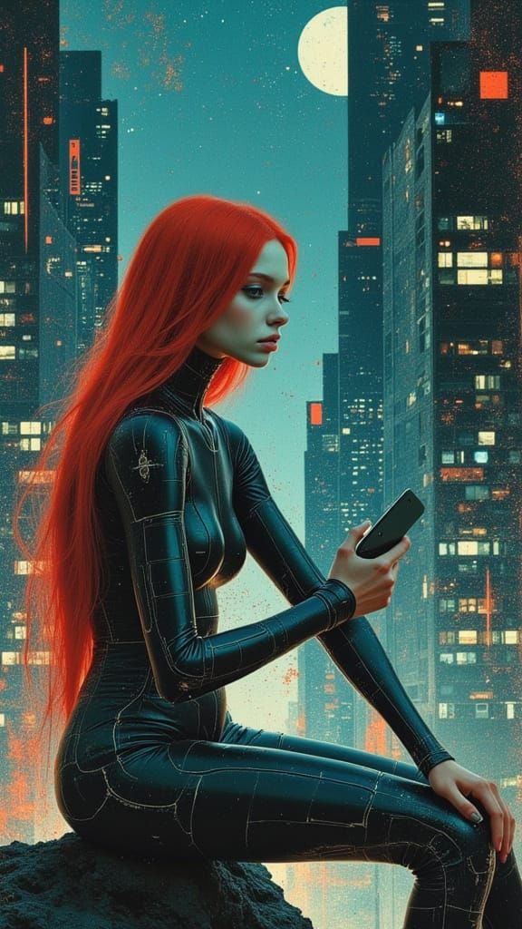 Ethereal Cyborg Woman in Dystopian Cityscape