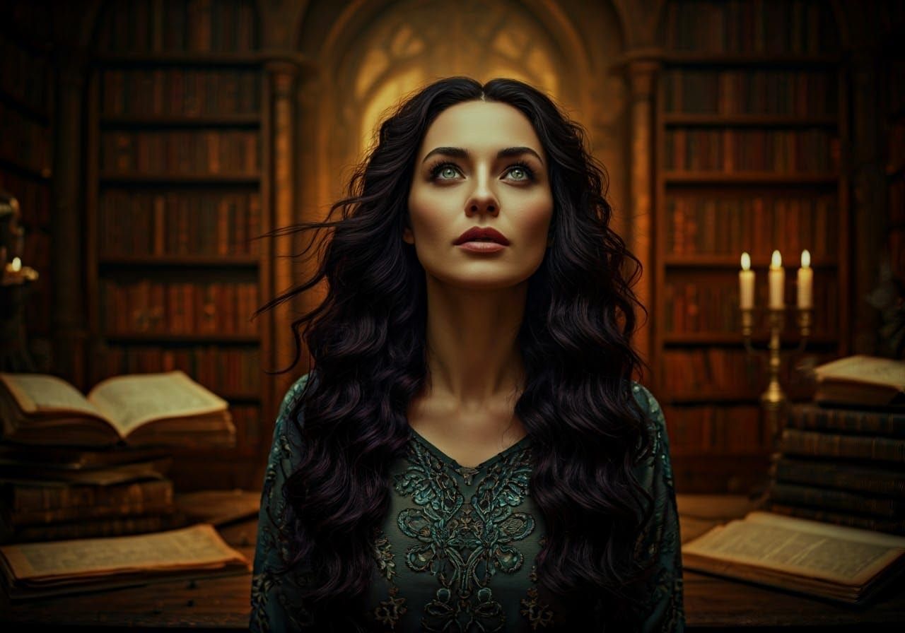Intense Redhead in Ancient Library: Cinematic Still