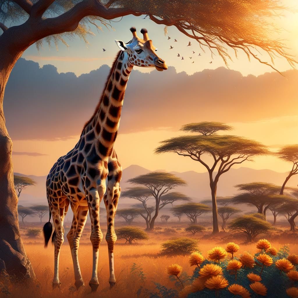 Surreal Giraffe in Sunset Savanna Landscape, Fantasy Concept...