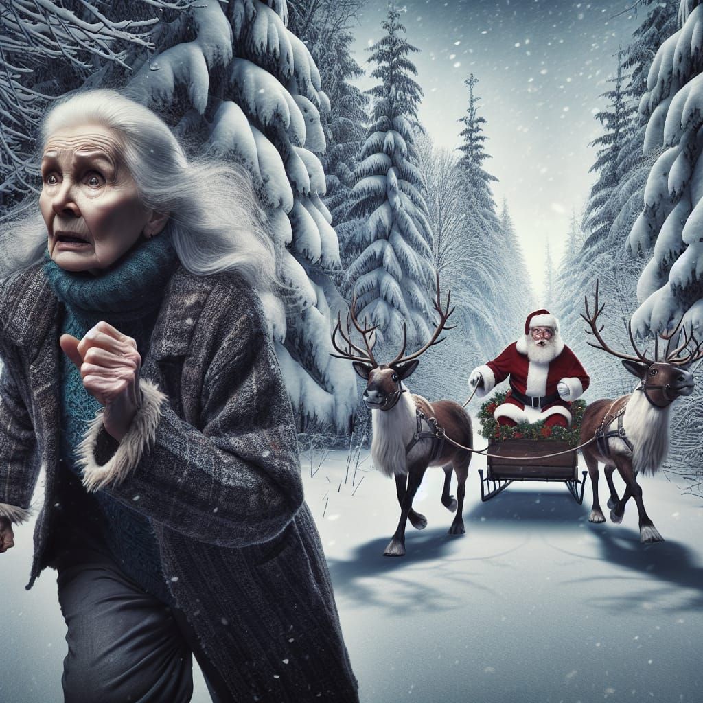 Elderly Woman Runs Through Winter Wonderland