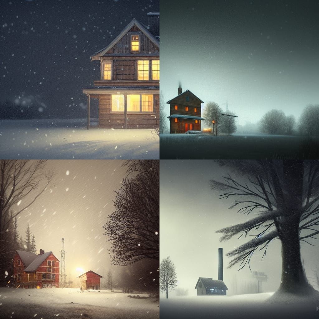 Winter Night Scene with Wooden House in Snow