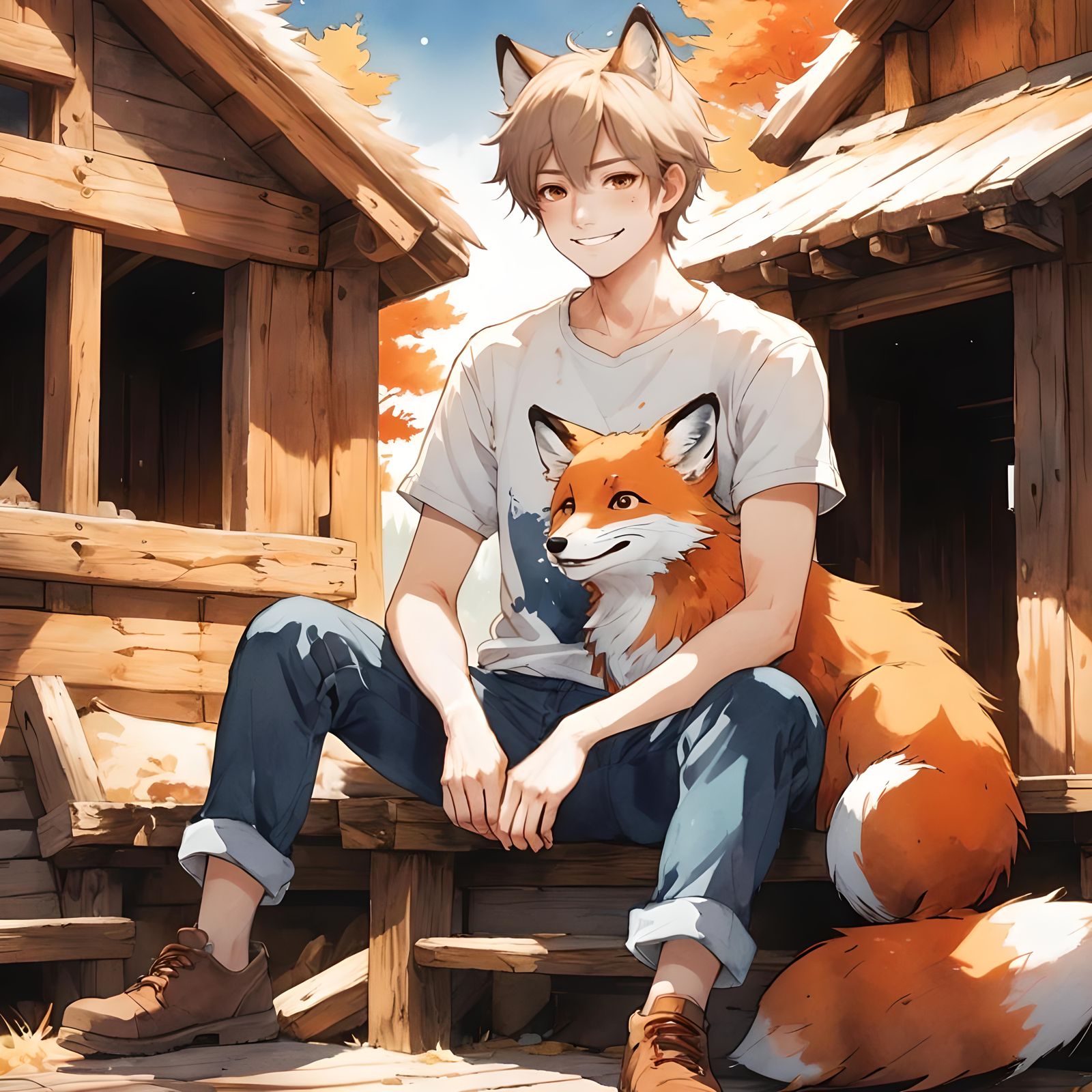 Anime Boy Hugging Fox on Sunny Day