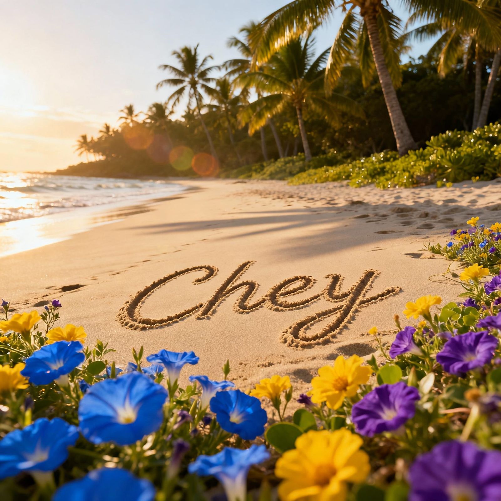 Beachside Floral Art with Name Etched in Sand