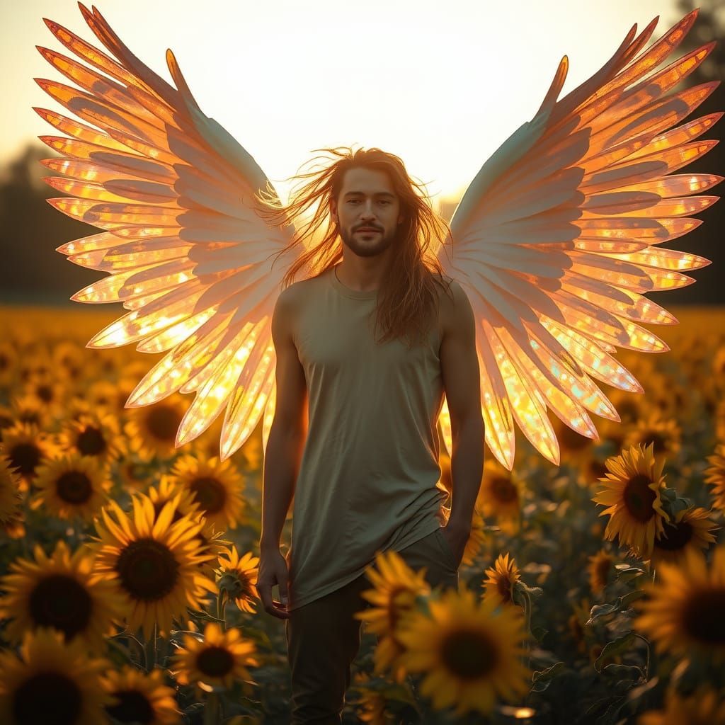 Man with Wings in Sunflower Field: Ethereal Photography