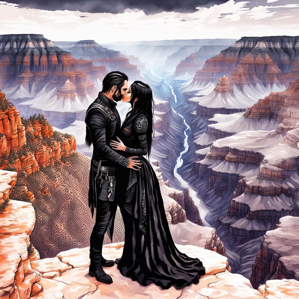 Goth Couple Kissing at Grand Canyon as Aquarelle
