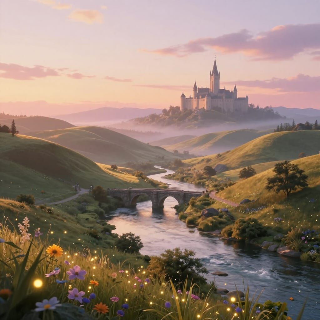 Fantasy Landscape at Golden Hour with Ancient Bridge