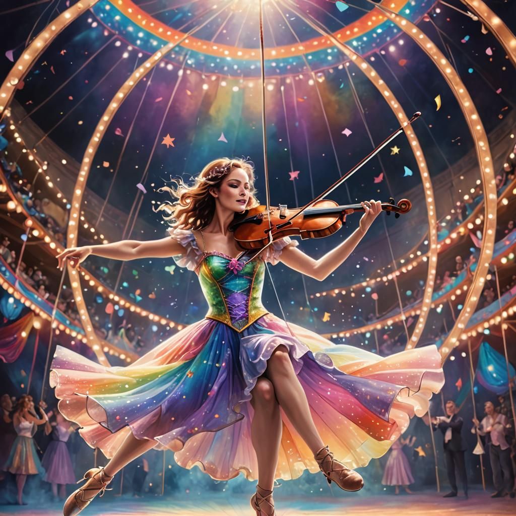 Ethereal Trapeze Artist with Violin in Dreamlike Style