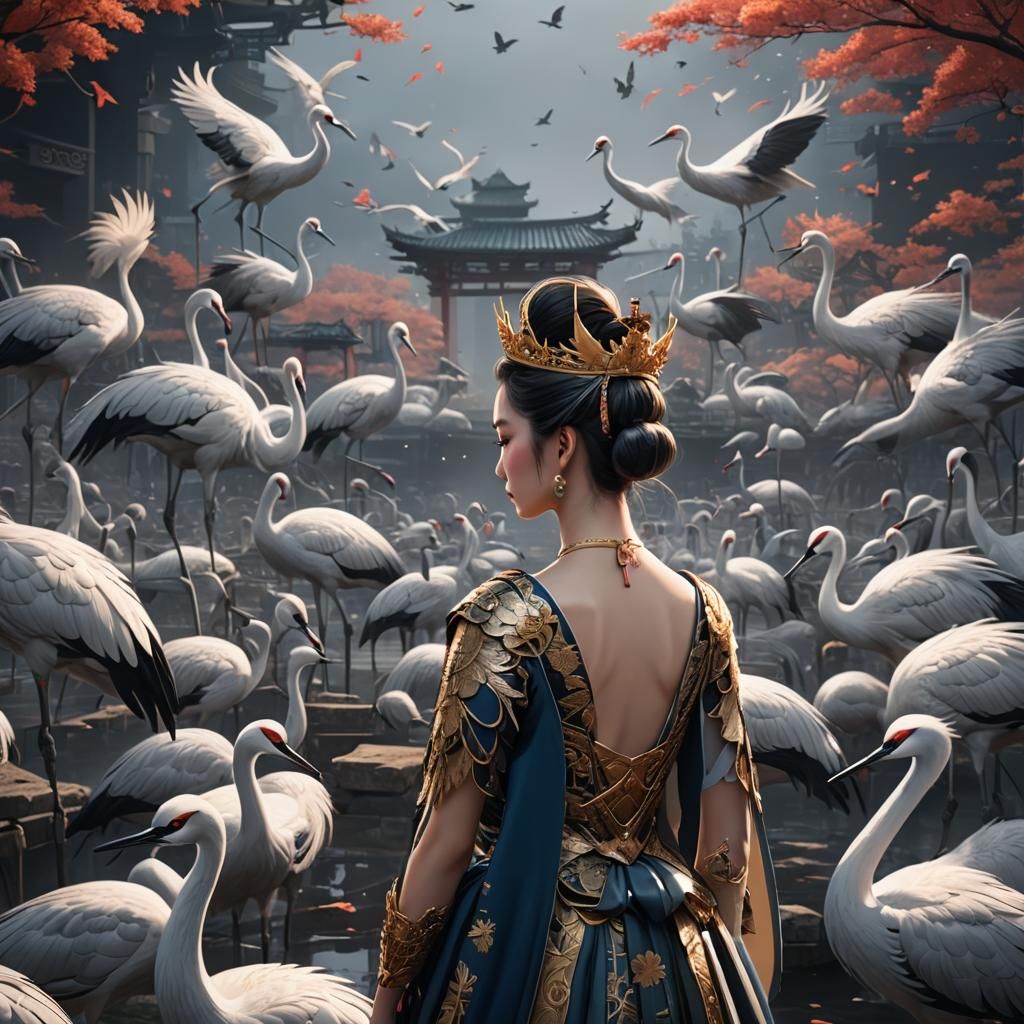 Japanese Ballerina Queen with Cranes: Fantasy Concept Art