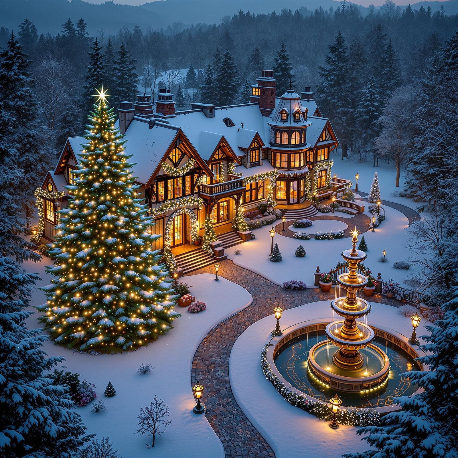 Splendid Winter Wonderland Christmas Estate in Vibrant Light...