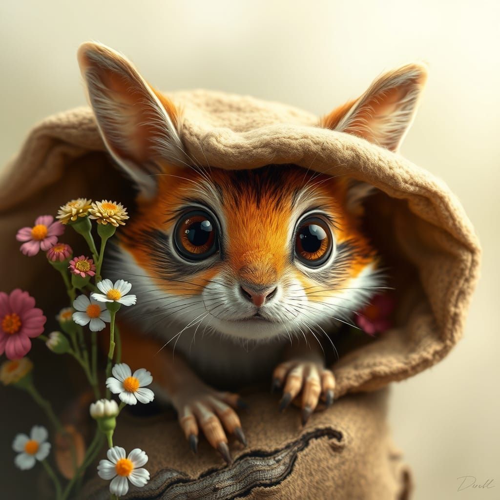 Fantasy Animal with Fluffy Fur in Floral Landscape