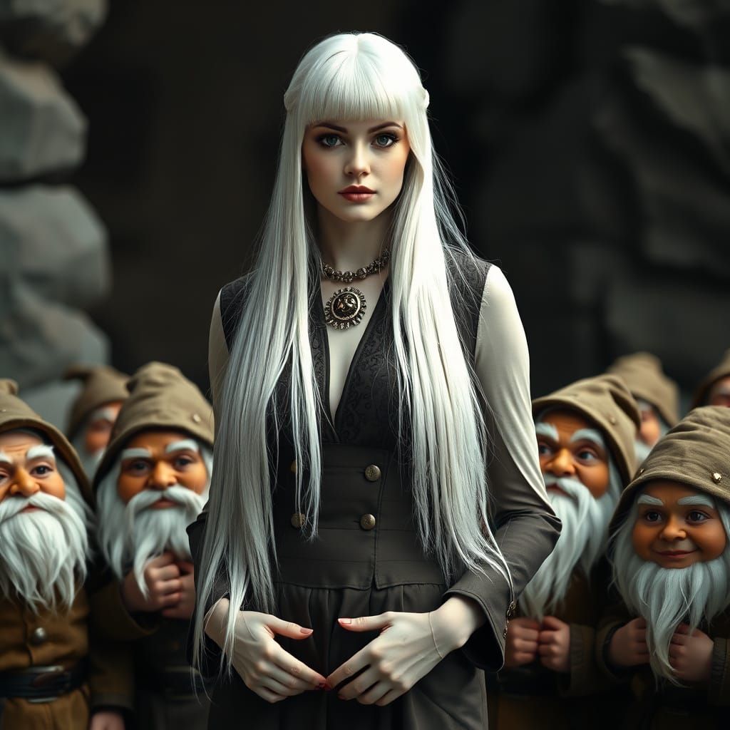 Elegant Woman Among Dwarfs: A Photorealistic Scene