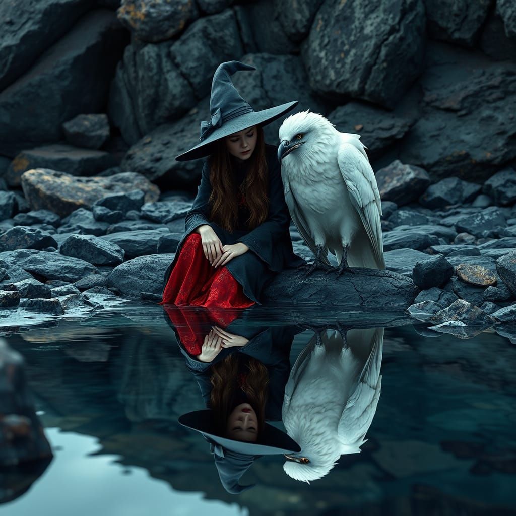 Mystical Duo on Rocky Shore in Reflecting Pool