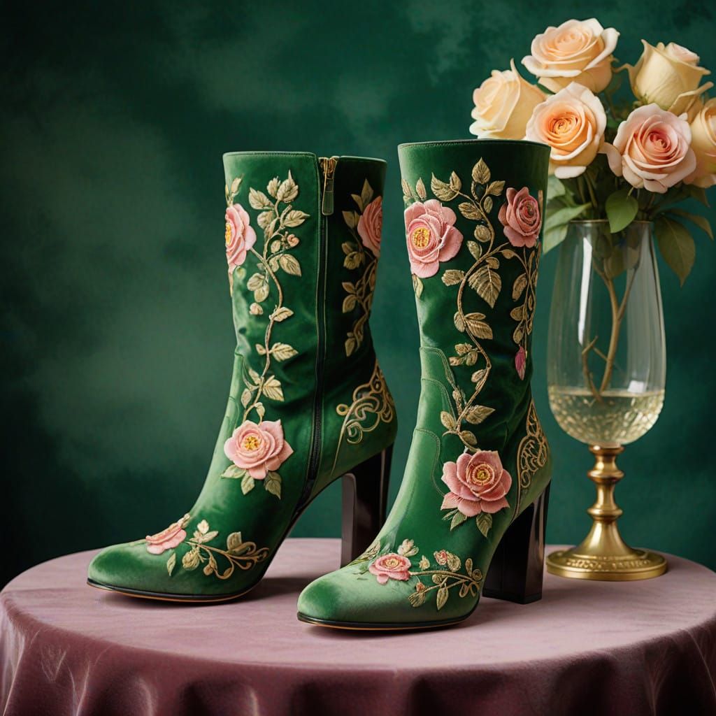 Luxe Green Boots and Handbag in Elegant Art Nouveau Style