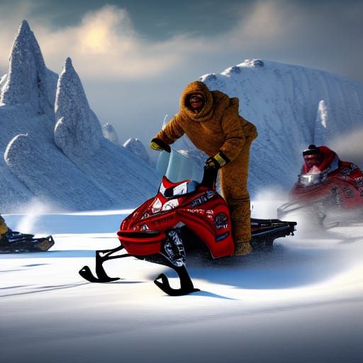 Tundra Snowmobile Action: Detailed Matte Painting