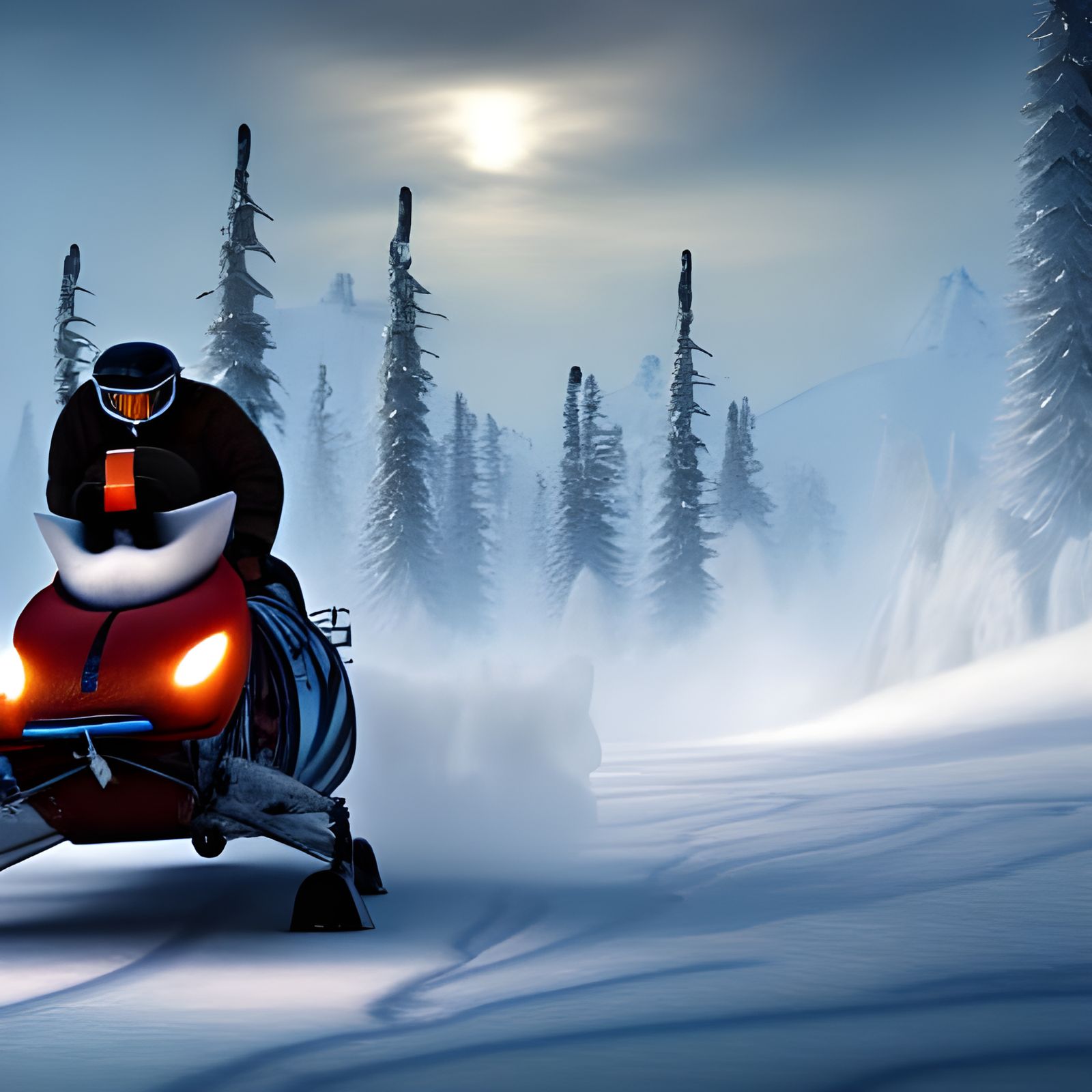 Tundra Snowmobile Action: Detailed Matte Painting